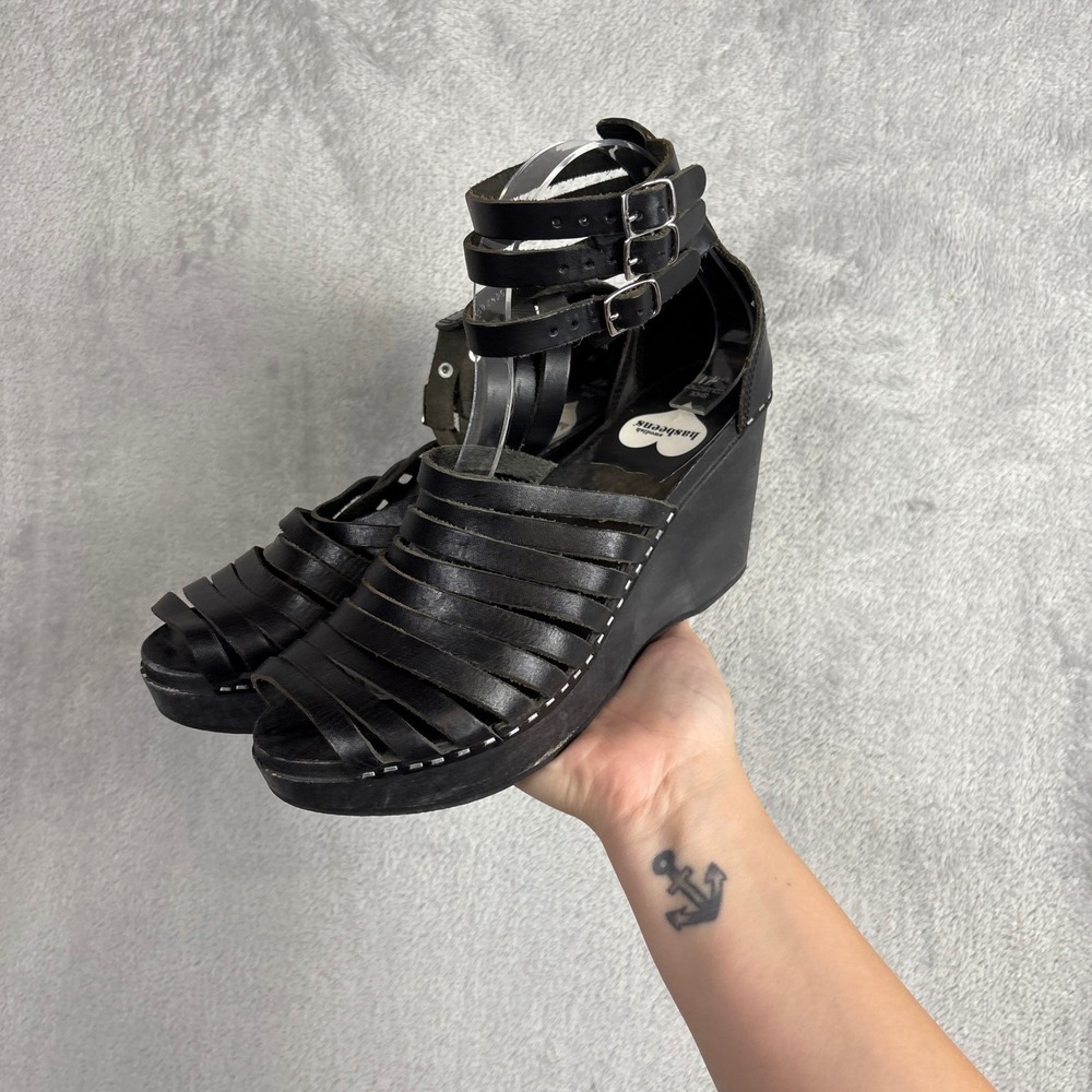 Swedish Hasbeens for H&M Black Leather Strappy Triple Buckle Wedge Sandals 8